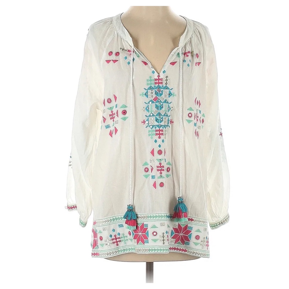 RUBY YAYA white embroidered embellished tunic top -medium